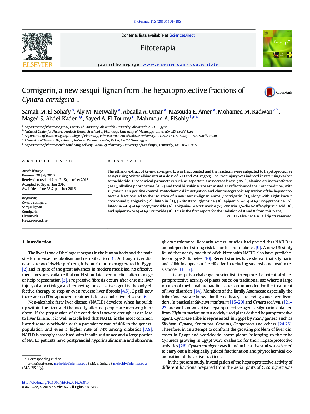 Cornigerin, a new sesqui-lignan from the hepatoprotective fractions of Cynara cornigera L