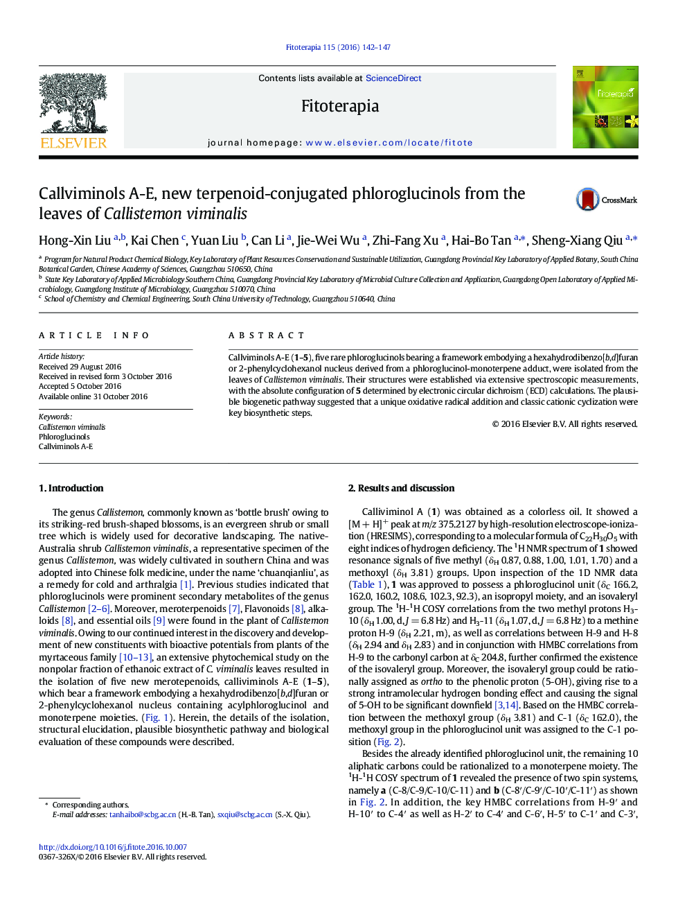 Callviminols A-E, new terpenoid-conjugated phloroglucinols from the leaves of Callistemon viminalis