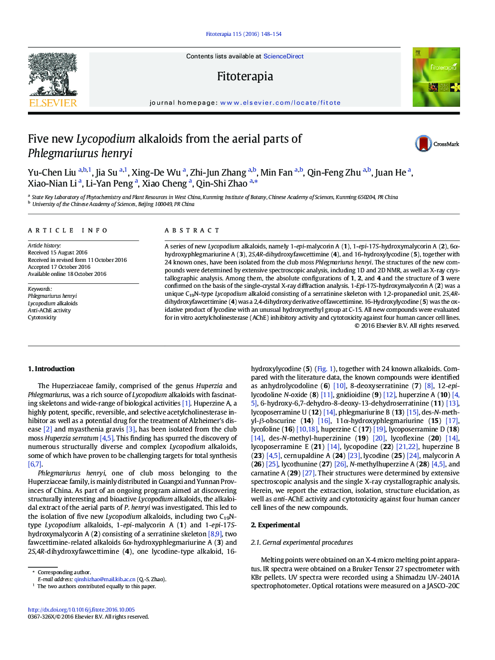 Five new Lycopodium alkaloids from the aerial parts of Phlegmariurus henryi