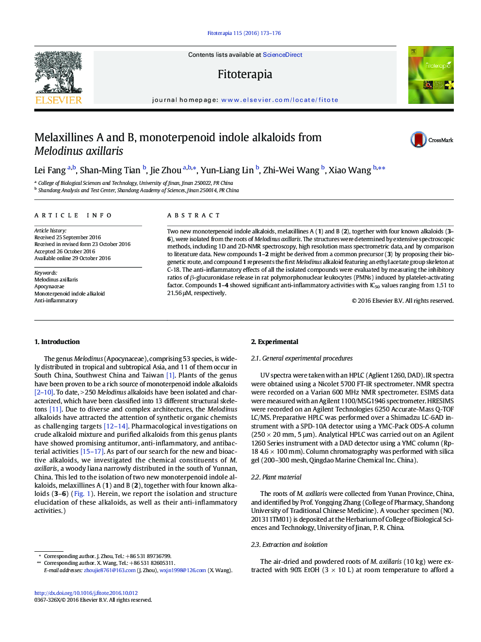 Melaxillines A and B, monoterpenoid indole alkaloids from Melodinus axillaris