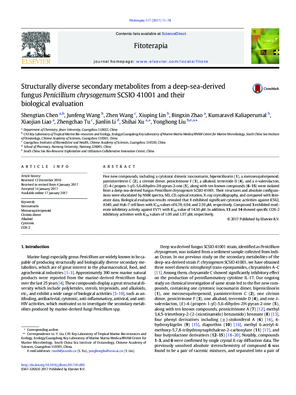 Structurally diverse secondary metabolites from a deep-sea-derived fungus Penicillium chrysogenum SCSIO 41001 and their biological evaluation