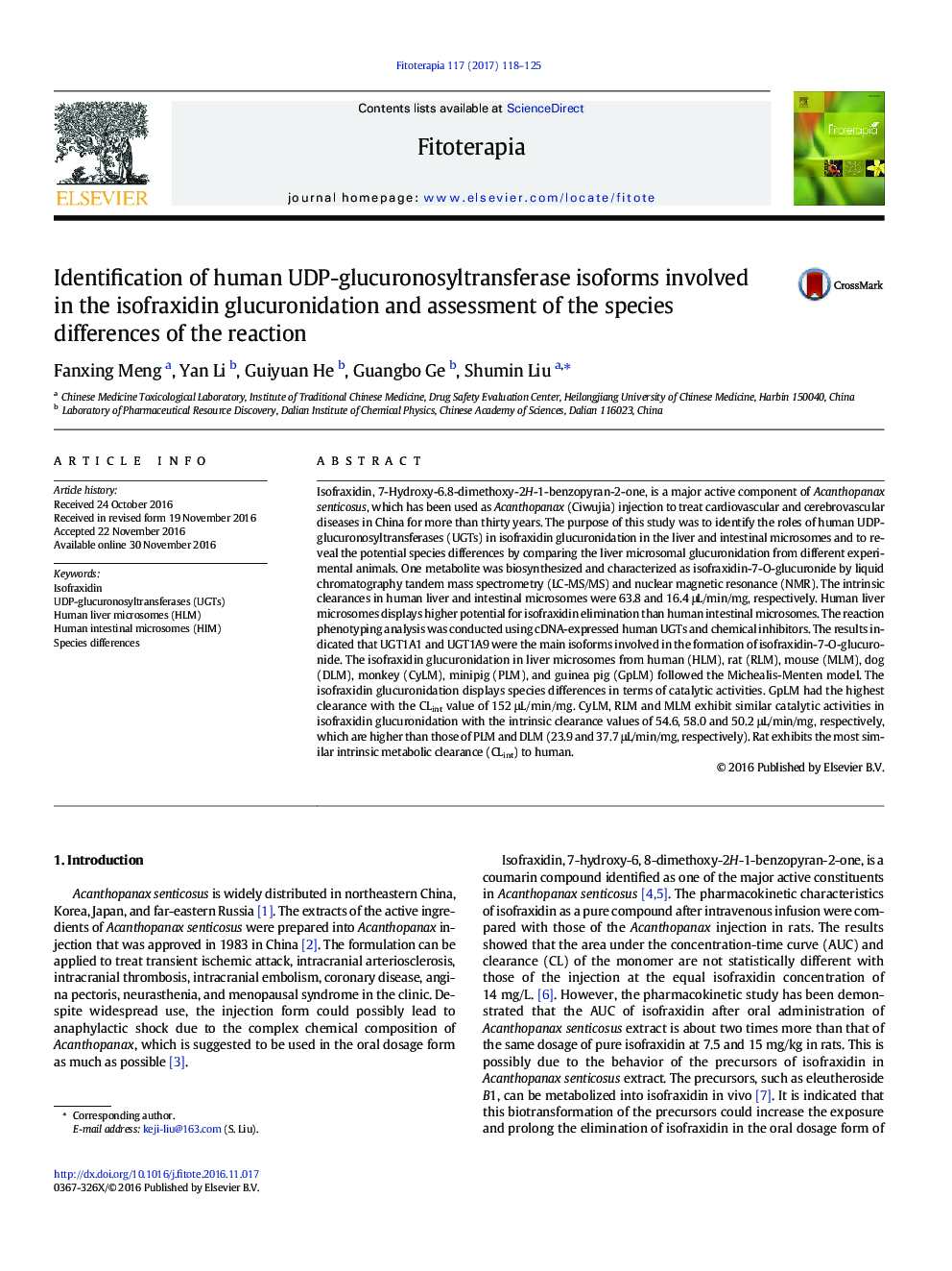 Identification of human UDP-glucuronosyltransferase isoforms involved in the isofraxidin glucuronidation and assessment of the species differences of the reaction