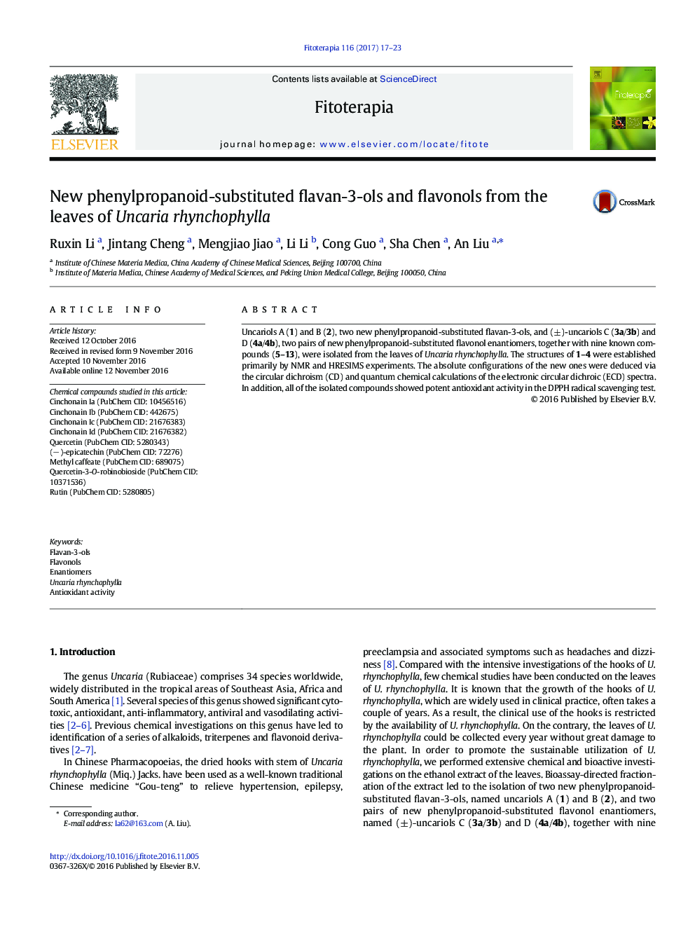 New phenylpropanoid-substituted flavan-3-ols and flavonols from the leaves of Uncaria rhynchophylla