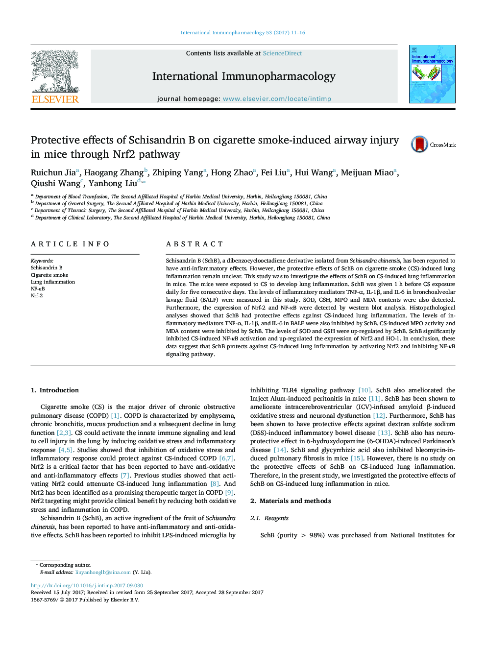 Protective effects of Schisandrin B on cigarette smoke-induced airway injury in mice through Nrf2 pathway