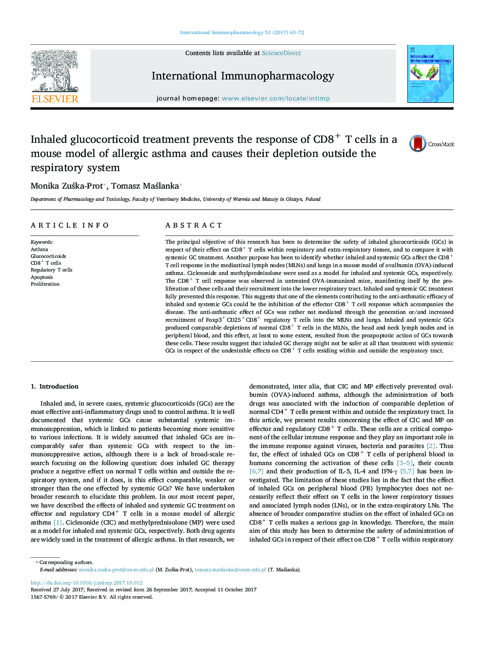 Inhaled glucocorticoid treatment prevents the response of CD8+ T cells in a mouse model of allergic asthma and causes their depletion outside the respiratory system