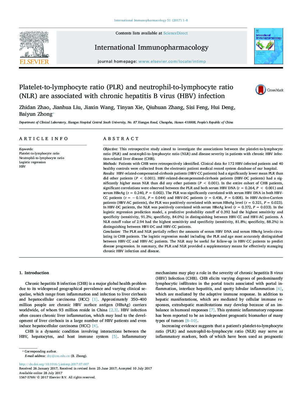 Platelet-to-lymphocyte ratio (PLR) and neutrophil-to-lymphocyte ratio (NLR) are associated with chronic hepatitis B virus (HBV) infection