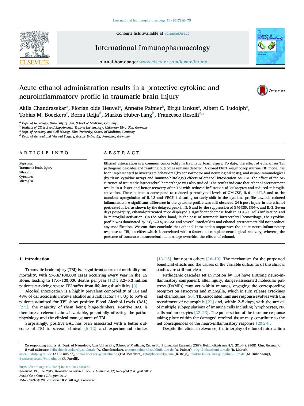 Acute ethanol administration results in a protective cytokine and neuroinflammatory profile in traumatic brain injury