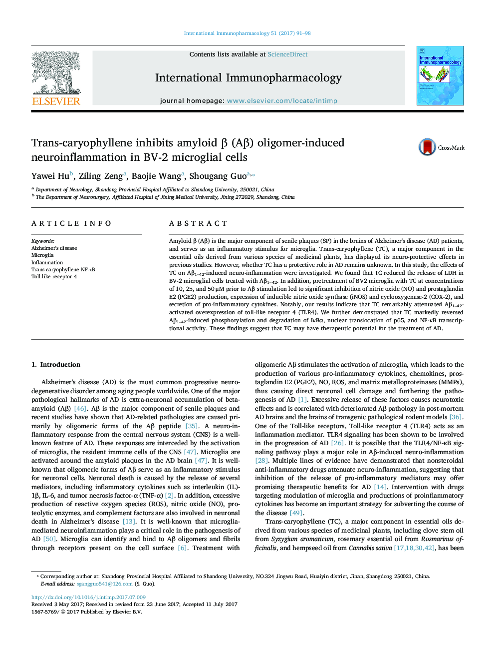 Trans-caryophyllene inhibits amyloid Î² (AÎ²) oligomer-induced neuroinflammation in BV-2 microglial cells