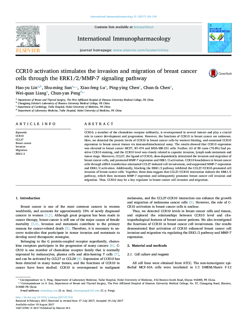 CCR10 activation stimulates the invasion and migration of breast cancer cells through the ERK1/2/MMP-7 signaling pathway