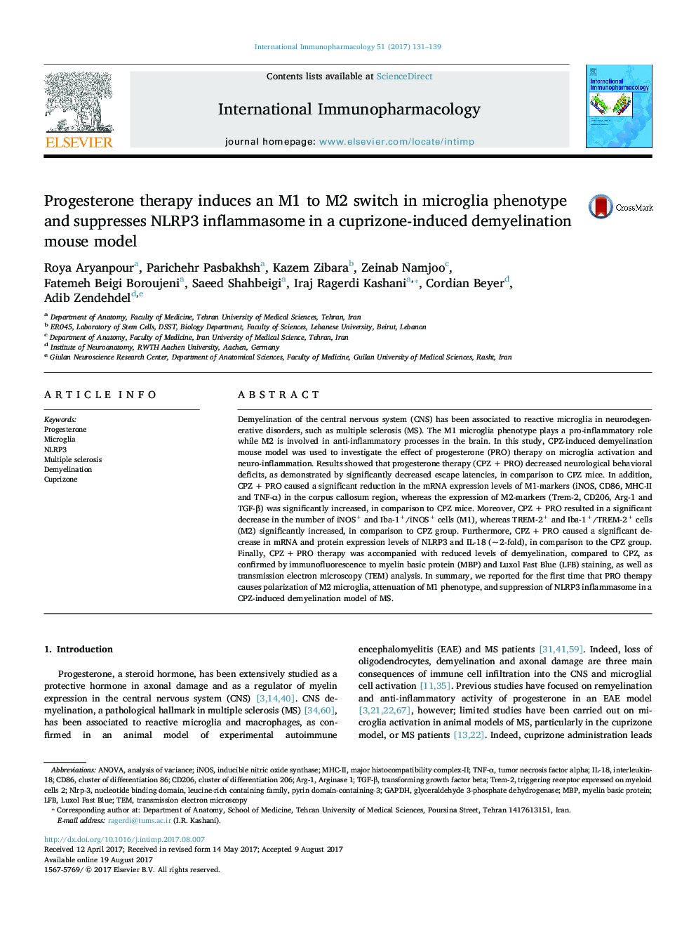 Progesterone therapy induces an M1 to M2 switch in microglia phenotype and suppresses NLRP3 inflammasome in a cuprizone-induced demyelination mouse model