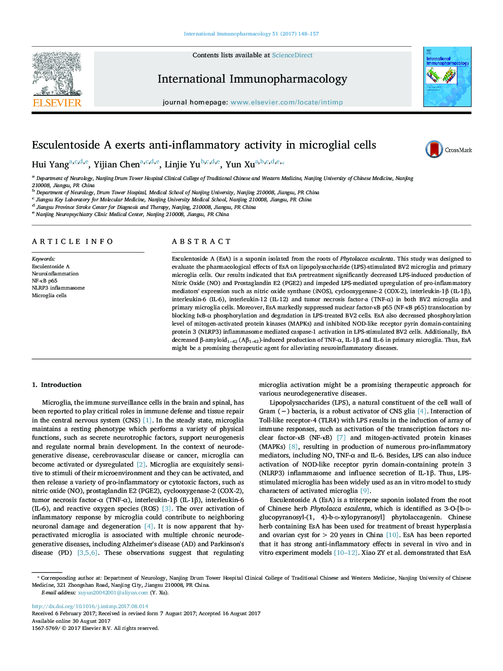 Esculentoside A exerts anti-inflammatory activity in microglial cells