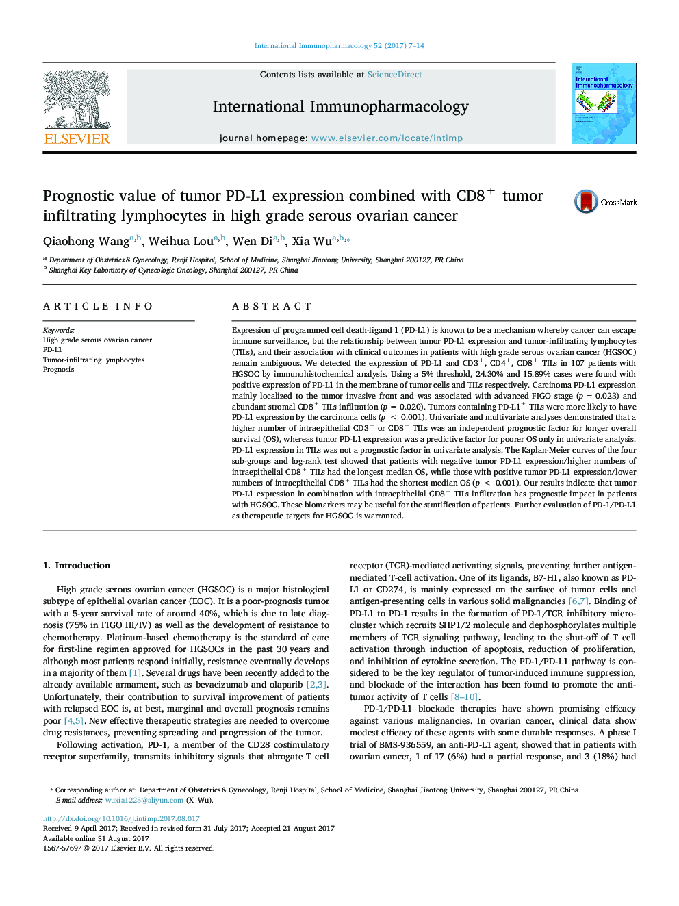 Prognostic value of tumor PD-L1 expression combined with CD8+ tumor infiltrating lymphocytes in high grade serous ovarian cancer