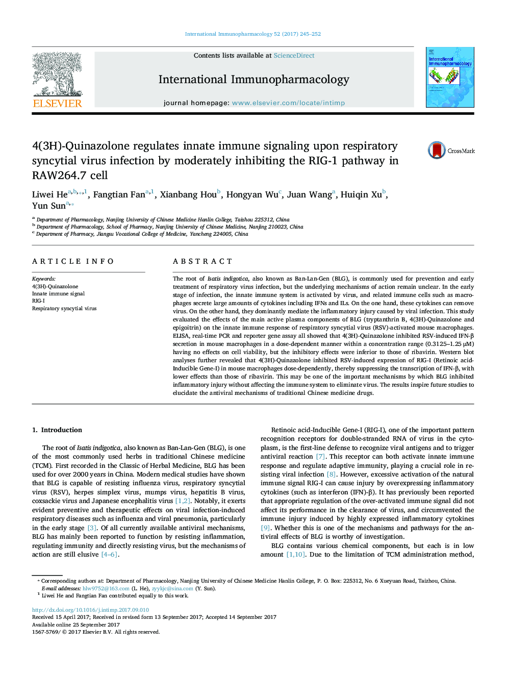 4(3H)-Quinazolone regulates innate immune signaling upon respiratory syncytial virus infection by moderately inhibiting the RIG-1 pathway in RAW264.7 cell