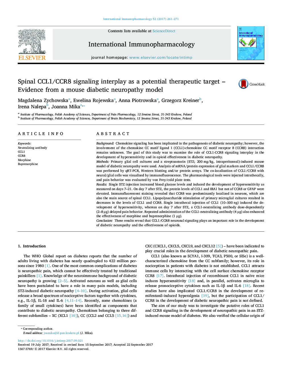 Spinal CCL1/CCR8 signaling interplay as a potential therapeutic target - Evidence from a mouse diabetic neuropathy model