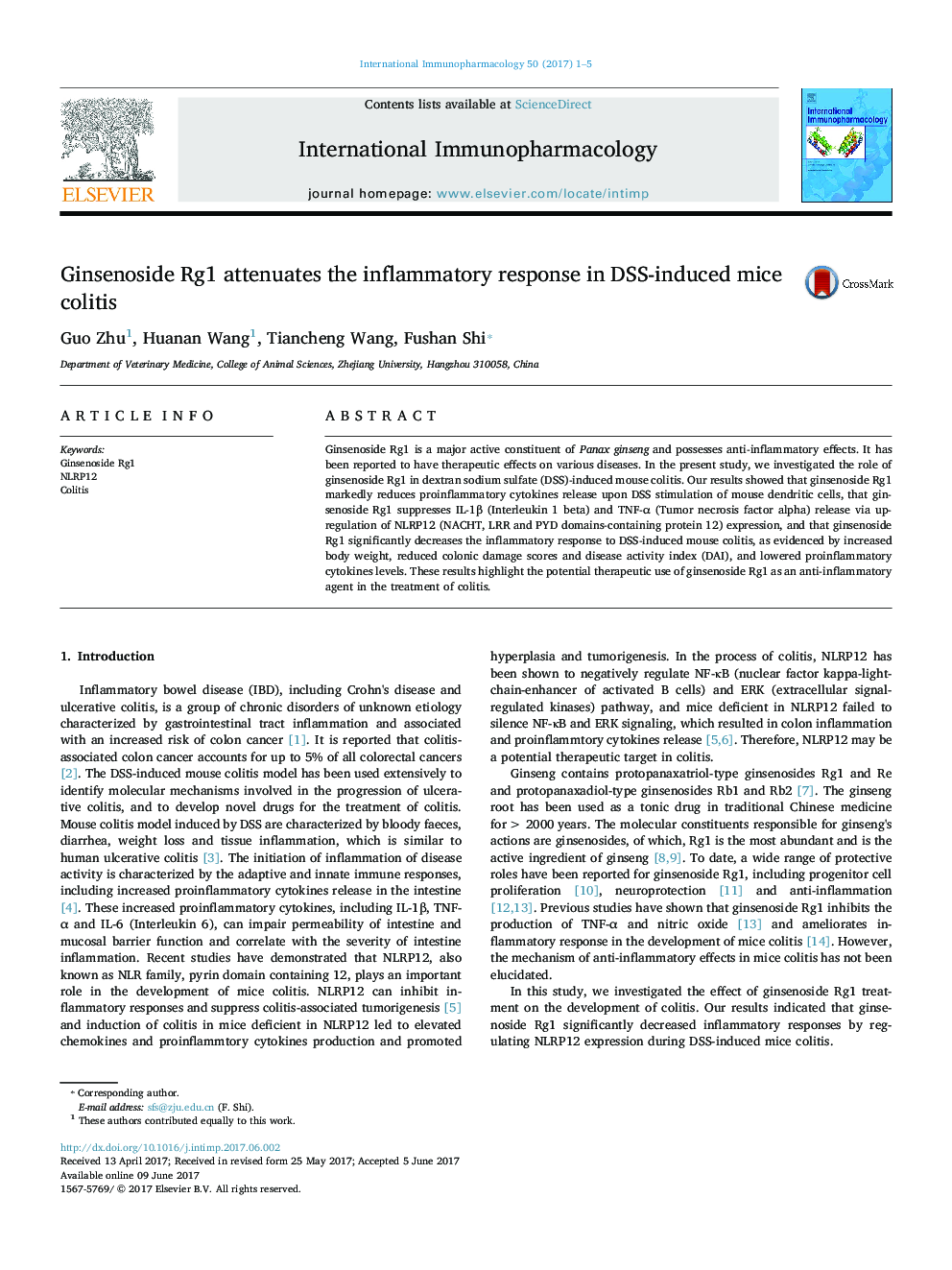 Ginsenoside Rg1 attenuates the inflammatory response in DSS-induced mice colitis