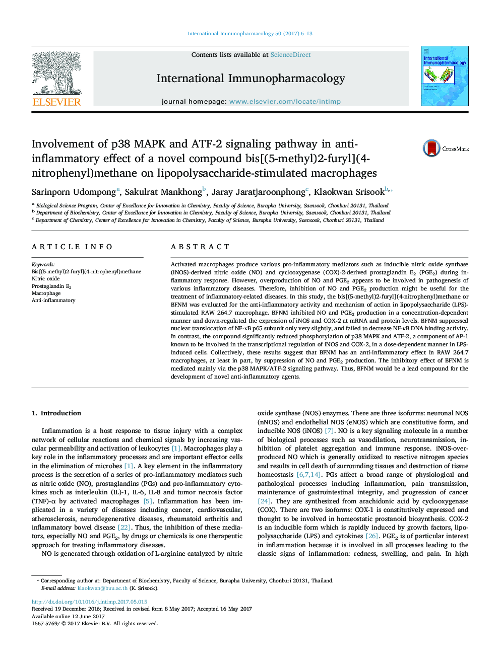 Involvement of p38 MAPK and ATF-2 signaling pathway in anti-inflammatory effect of a novel compound bis[(5-methyl)2-furyl](4-nitrophenyl)methane on lipopolysaccharide-stimulated macrophages