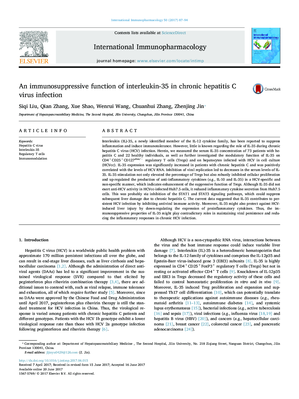 An immunosuppressive function of interleukin-35 in chronic hepatitis C virus infection