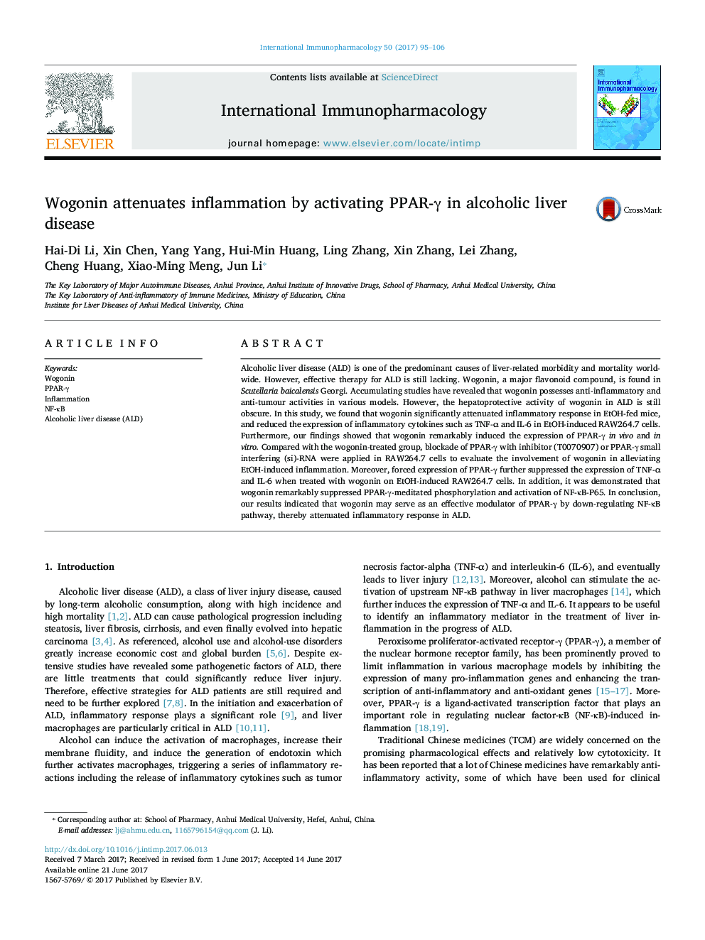 Wogonin attenuates inflammation by activating PPAR-Î³ in alcoholic liver disease