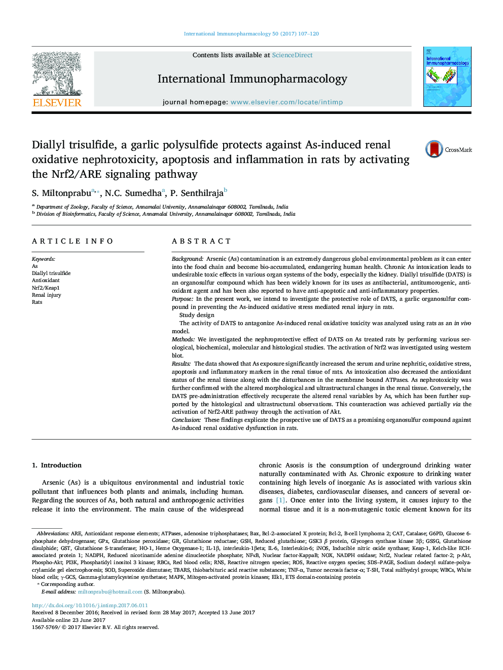 Diallyl trisulfide, a garlic polysulfide protects against As-induced renal oxidative nephrotoxicity, apoptosis and inflammation in rats by activating the Nrf2/ARE signaling pathway