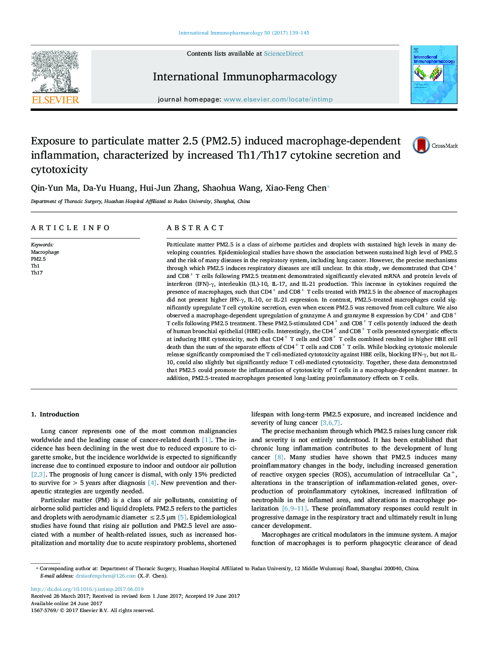 Exposure to particulate matter 2.5 (PM2.5) induced macrophage-dependent inflammation, characterized by increased Th1/Th17 cytokine secretion and cytotoxicity