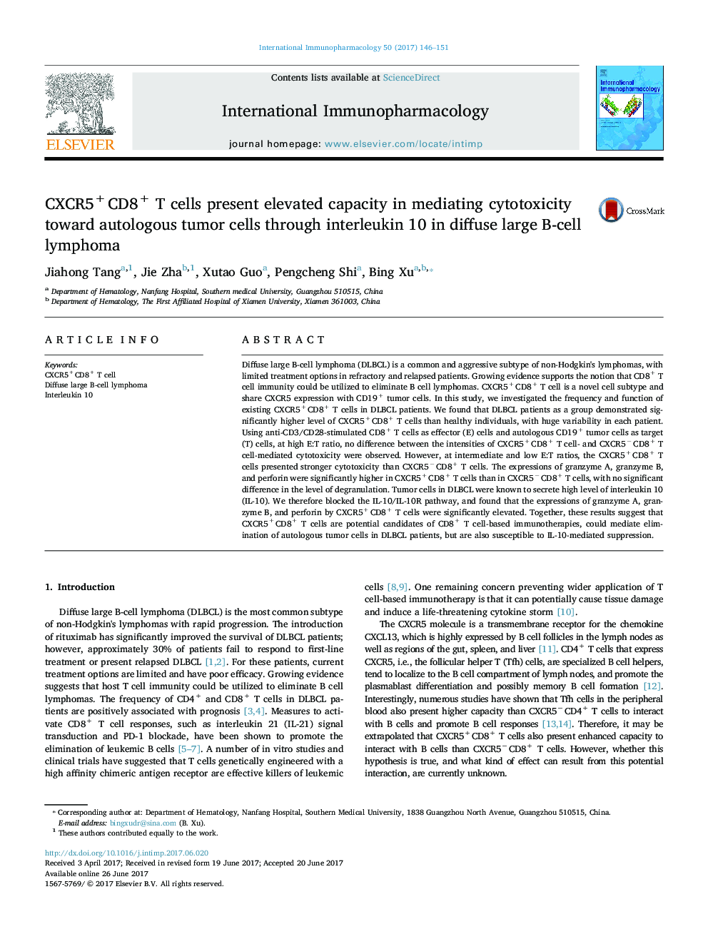 CXCR5+ CD8+ T cells present elevated capacity in mediating cytotoxicity toward autologous tumor cells through interleukin 10 in diffuse large B-cell lymphoma