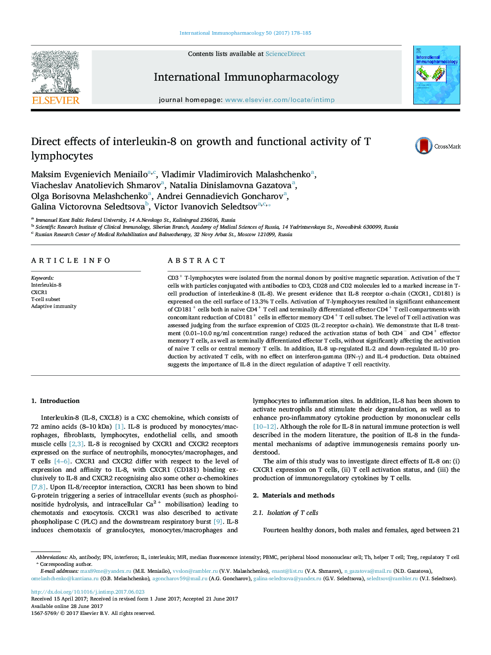 Direct effects of interleukin-8 on growth and functional activity of T lymphocytes