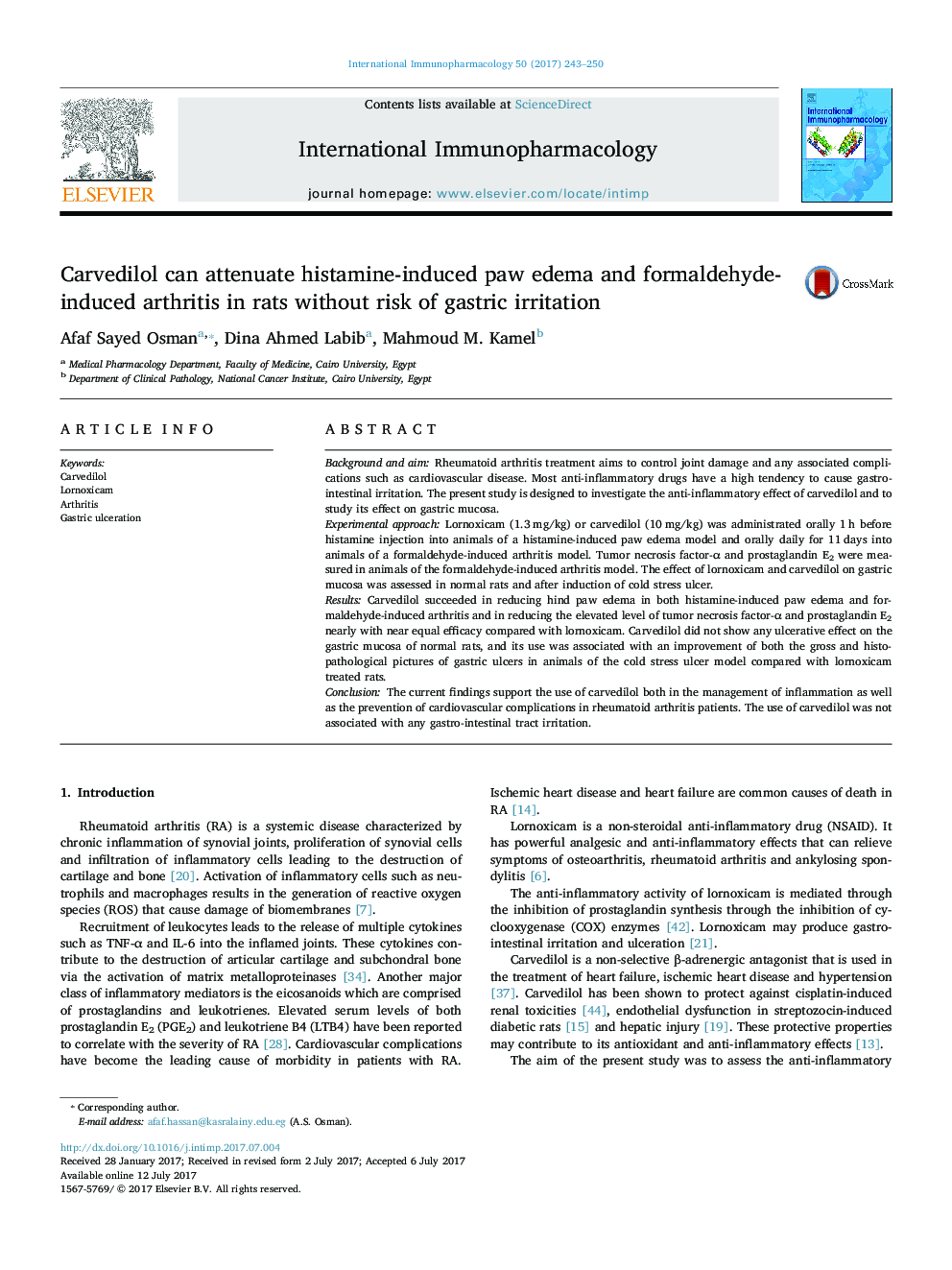 Carvedilol can attenuate histamine-induced paw edema and formaldehyde-induced arthritis in rats without risk of gastric irritation