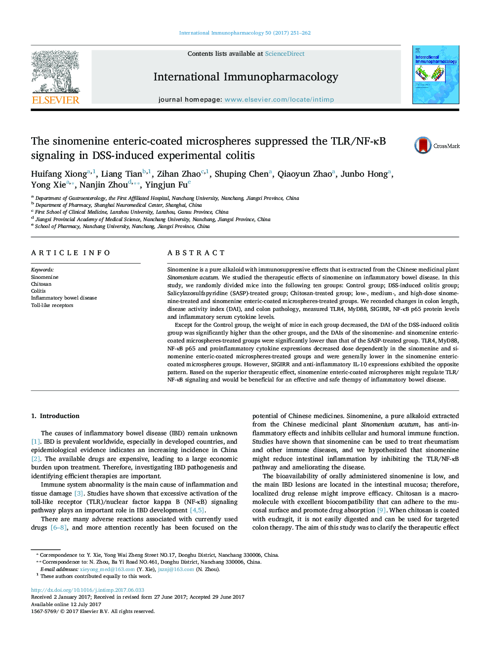 The sinomenine enteric-coated microspheres suppressed the TLR/NF-ÎºB signaling in DSS-induced experimental colitis