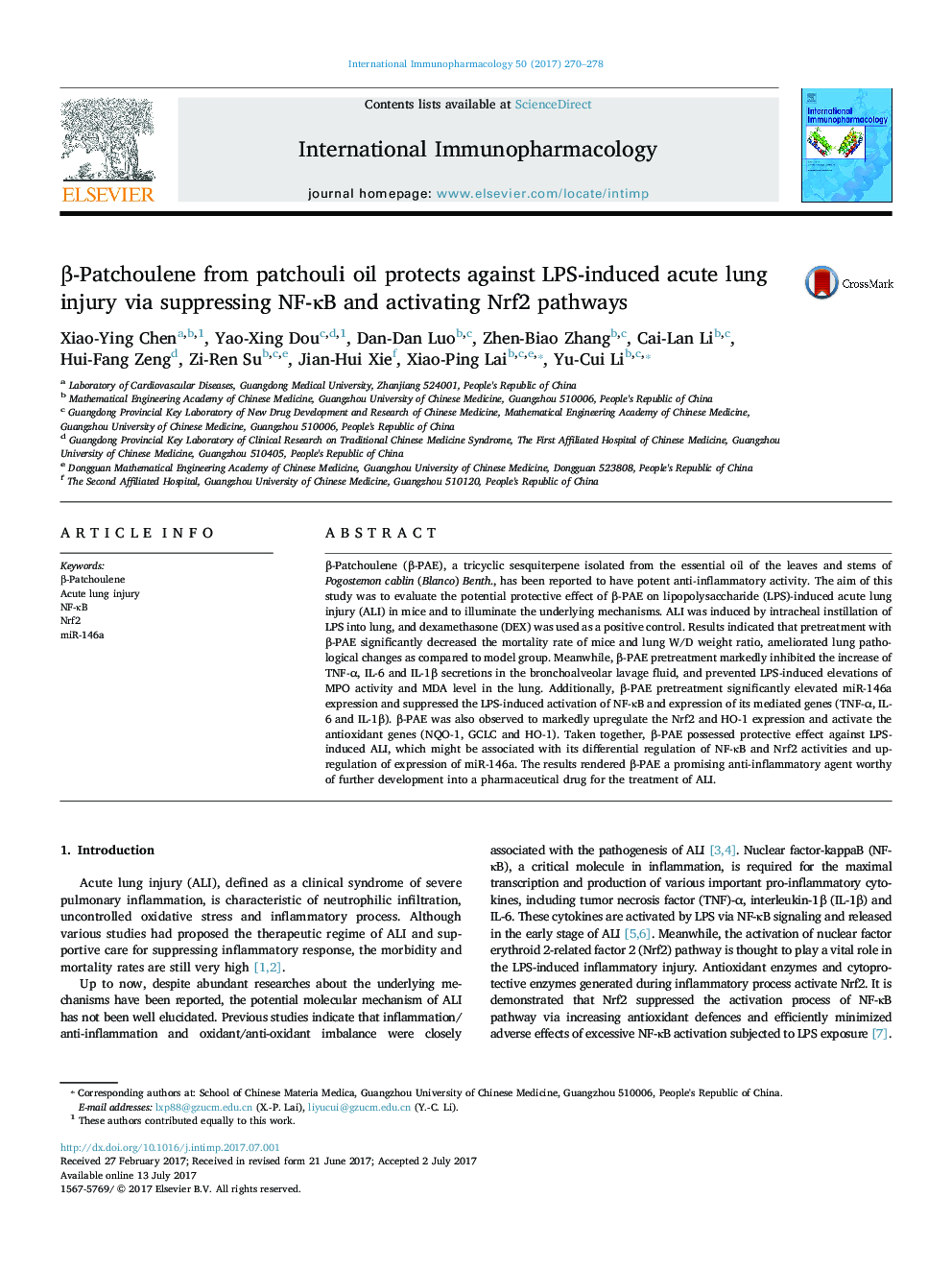 Î²-Patchoulene from patchouli oil protects against LPS-induced acute lung injury via suppressing NF-ÎºB and activating Nrf2 pathways