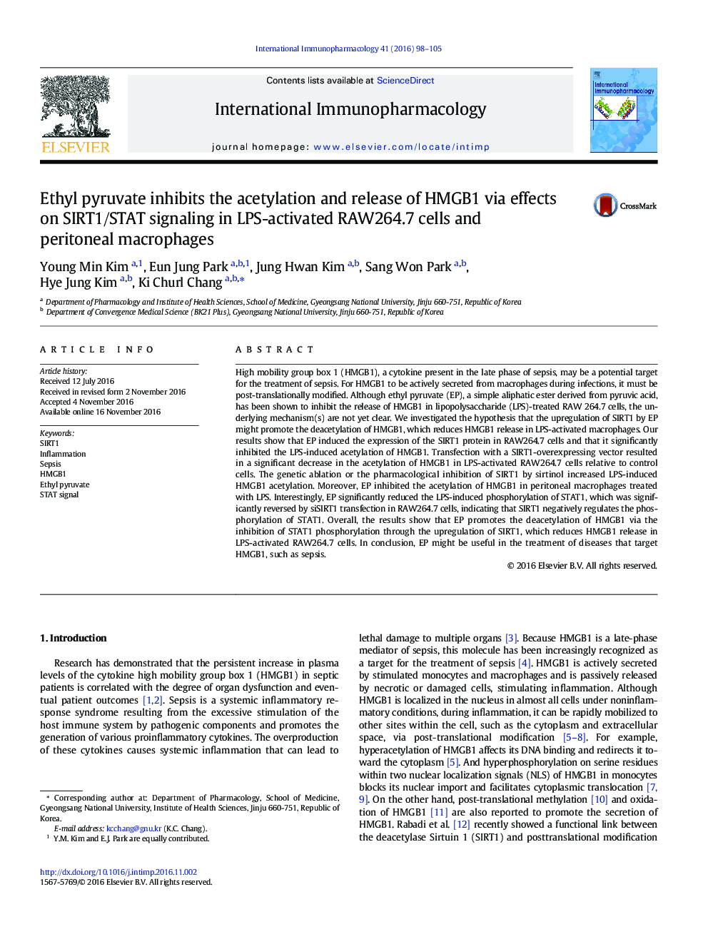 Ethyl pyruvate inhibits the acetylation and release of HMGB1 via effects on SIRT1/STAT signaling in LPS-activated RAW264.7 cells and peritoneal macrophages