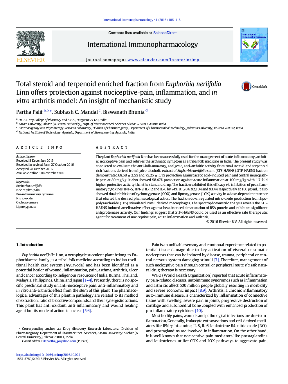 Total steroid and terpenoid enriched fraction from Euphorbia neriifolia Linn offers protection against nociceptive-pain, inflammation, and in vitro arthritis model: An insight of mechanistic study