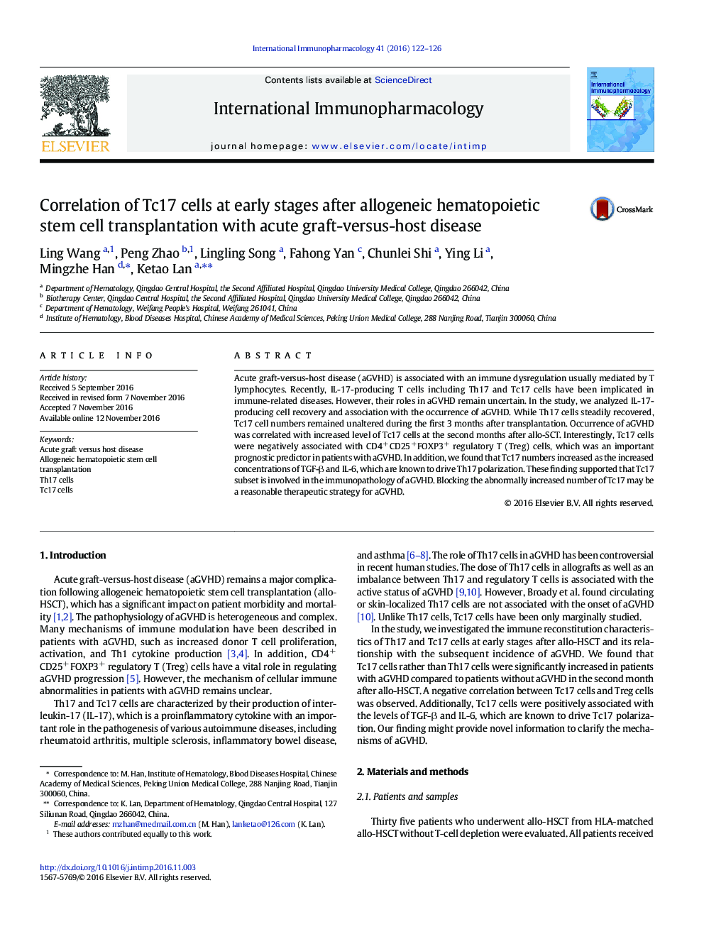 Correlation of Tc17 cells at early stages after allogeneic hematopoietic stem cell transplantation with acute graft-versus-host disease