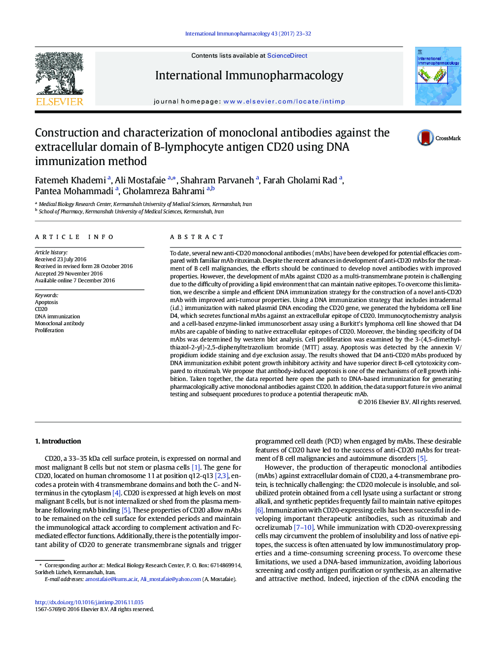 Construction and characterization of monoclonal antibodies against the extracellular domain of B-lymphocyte antigen CD20 using DNA immunization method