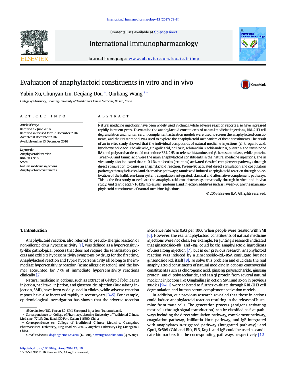 Evaluation of anaphylactoid constituents in vitro and in vivo