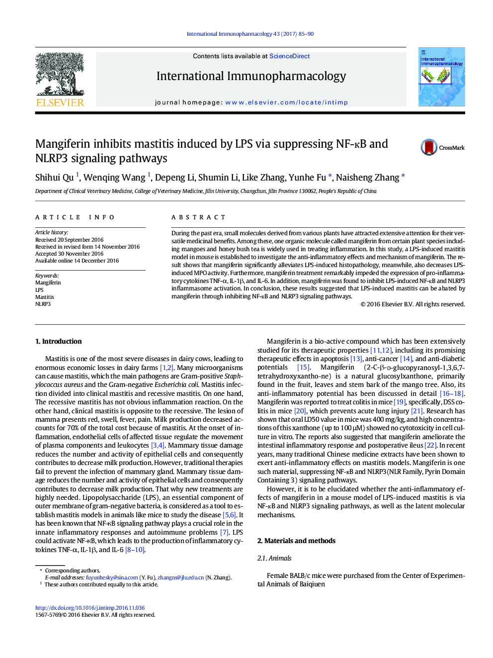 Mangiferin inhibits mastitis induced by LPS via suppressing NF-Ä¸B and NLRP3 signaling pathways