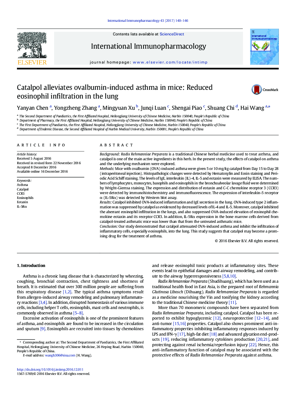 Catalpol alleviates ovalbumin-induced asthma in mice: Reduced eosinophil infiltration in the lung