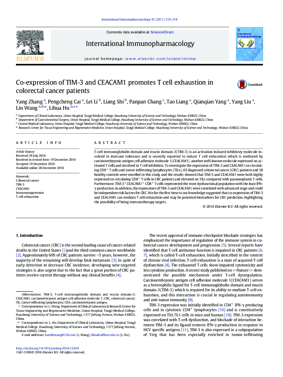 Co-expression of TIM-3 and CEACAM1 promotes T cell exhaustion in colorectal cancer patients