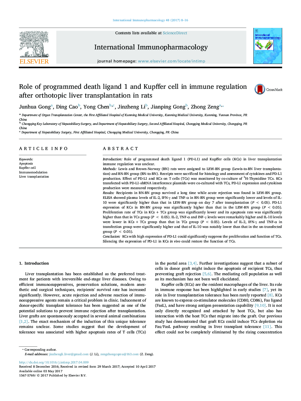 Role of programmed death ligand 1 and Kupffer cell in immune regulation after orthotopic liver transplantation in rats