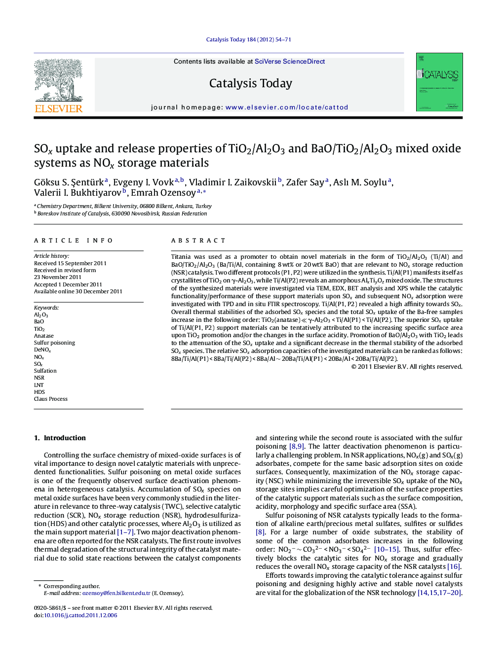 SOx uptake and release properties of TiO2/Al2O3 and BaO/TiO2/Al2O3 mixed oxide systems as NOx storage materials