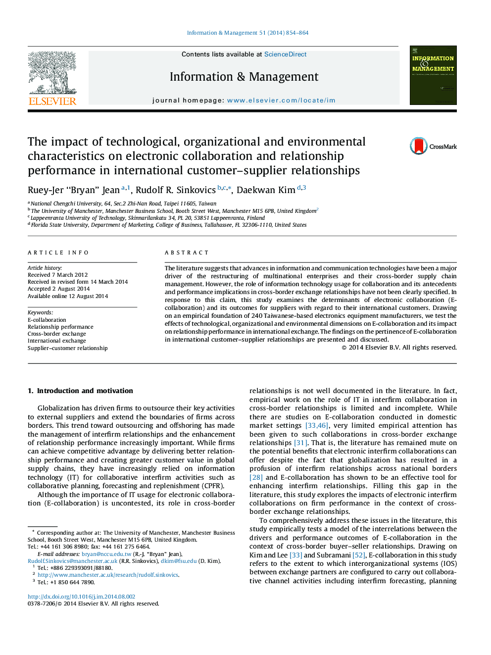 The impact of technological, organizational and environmental characteristics on electronic collaboration and relationship performance in international customer–supplier relationships