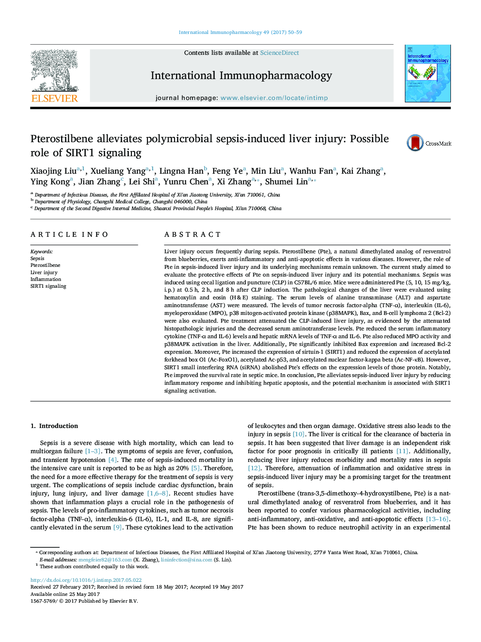 Pterostilbene alleviates polymicrobial sepsis-induced liver injury: Possible role of SIRT1 signaling