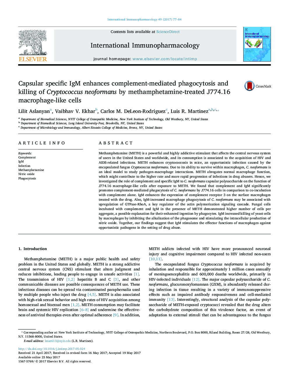 Capsular specific IgM enhances complement-mediated phagocytosis and killing of Cryptococcus neoformans by methamphetamine-treated J774.16 macrophage-like cells