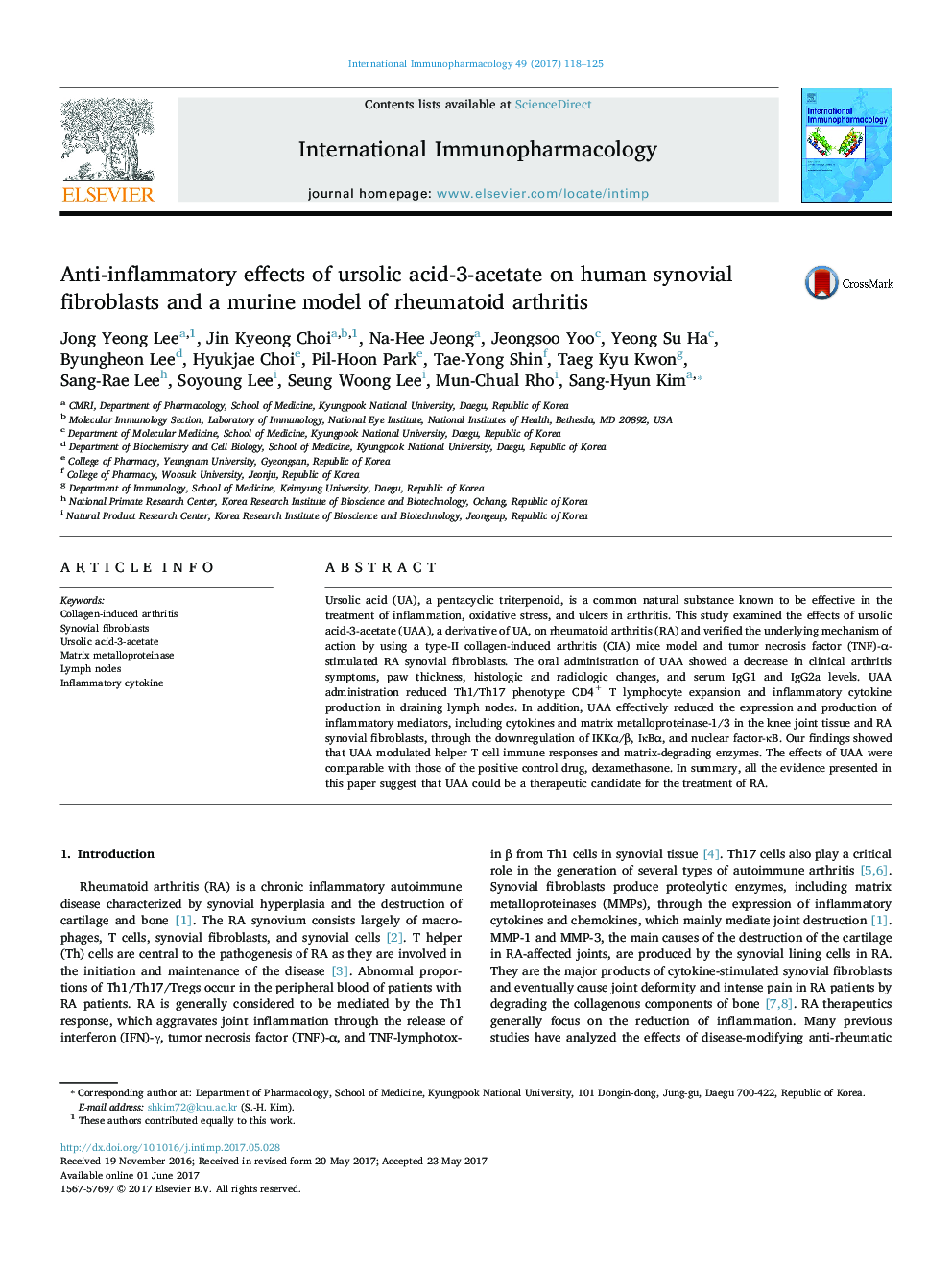 Anti-inflammatory effects of ursolic acid-3-acetate on human synovial fibroblasts and a murine model of rheumatoid arthritis