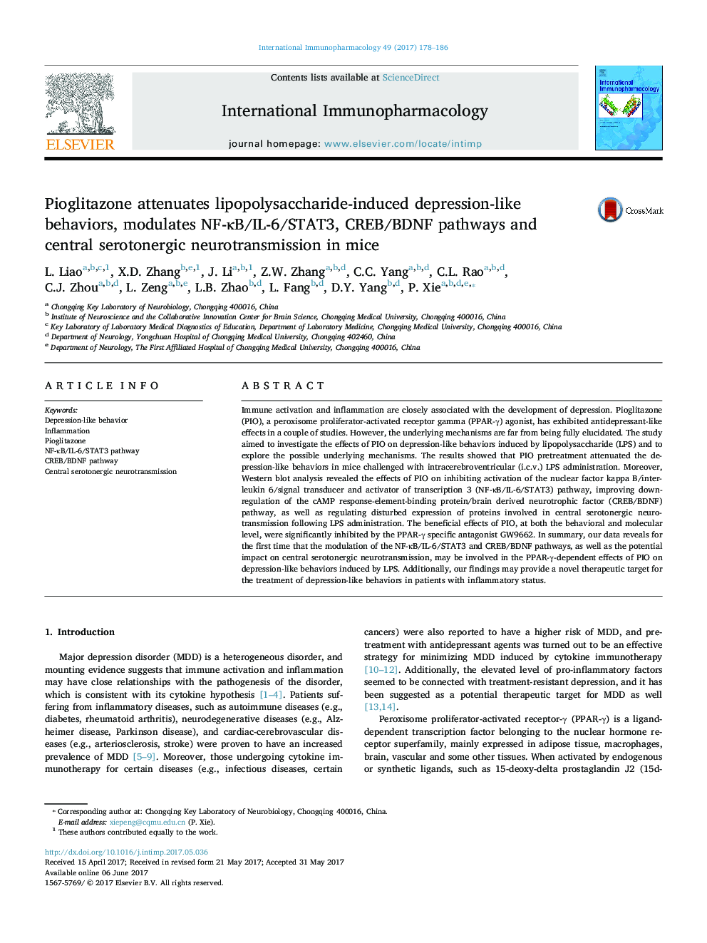 Pioglitazone attenuates lipopolysaccharide-induced depression-like behaviors, modulates NF-ÎºB/IL-6/STAT3, CREB/BDNF pathways and central serotonergic neurotransmission in mice