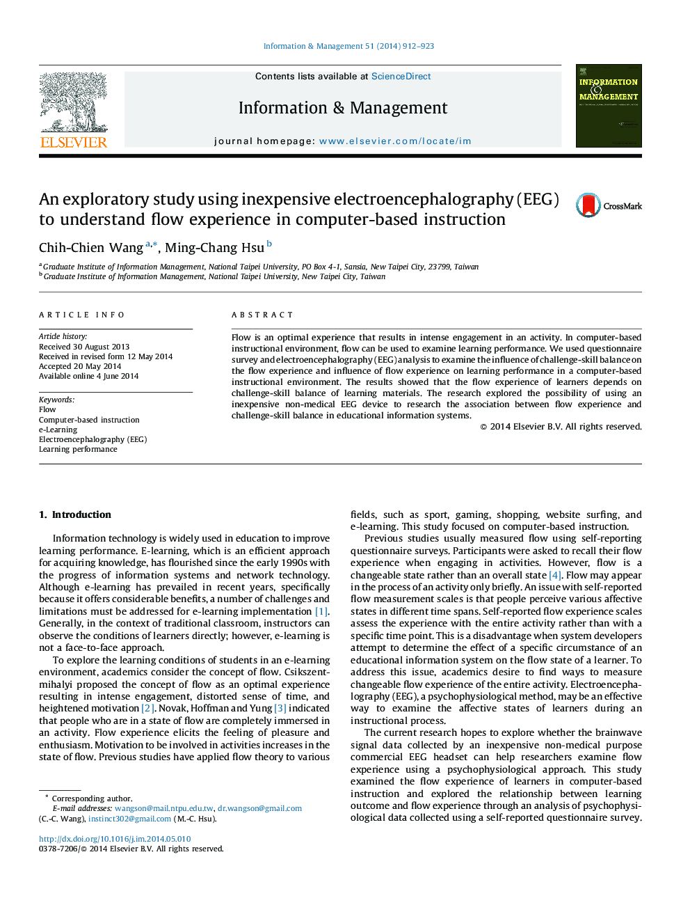 An exploratory study using inexpensive electroencephalography (EEG) to understand flow experience in computer-based instruction