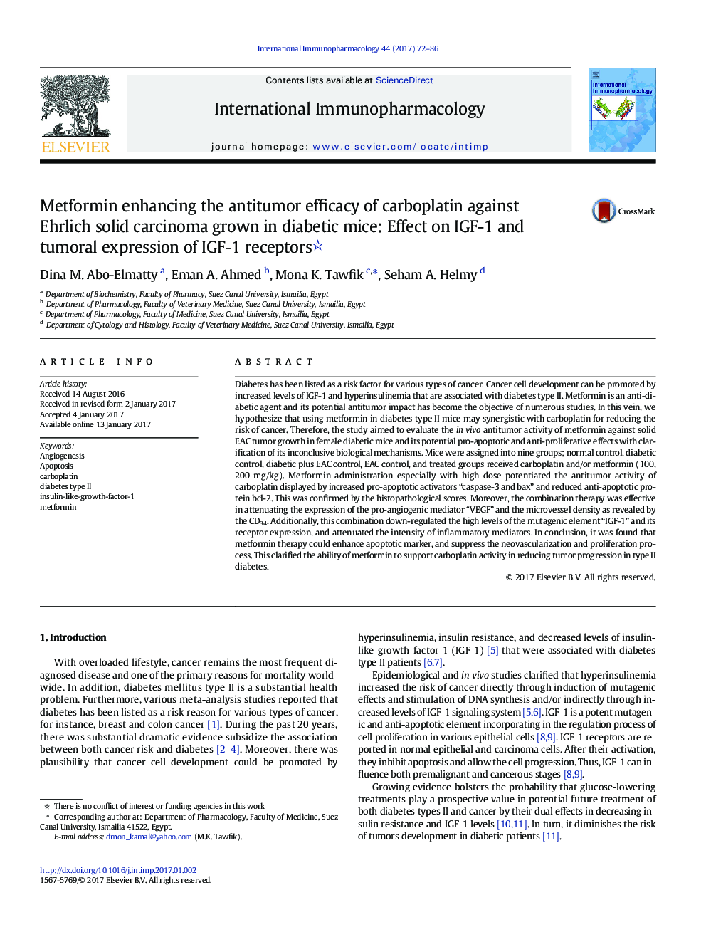 Metformin enhancing the antitumor efficacy of carboplatin against Ehrlich solid carcinoma grown in diabetic mice: Effect on IGF-1 and tumoral expression of IGF-1 receptors