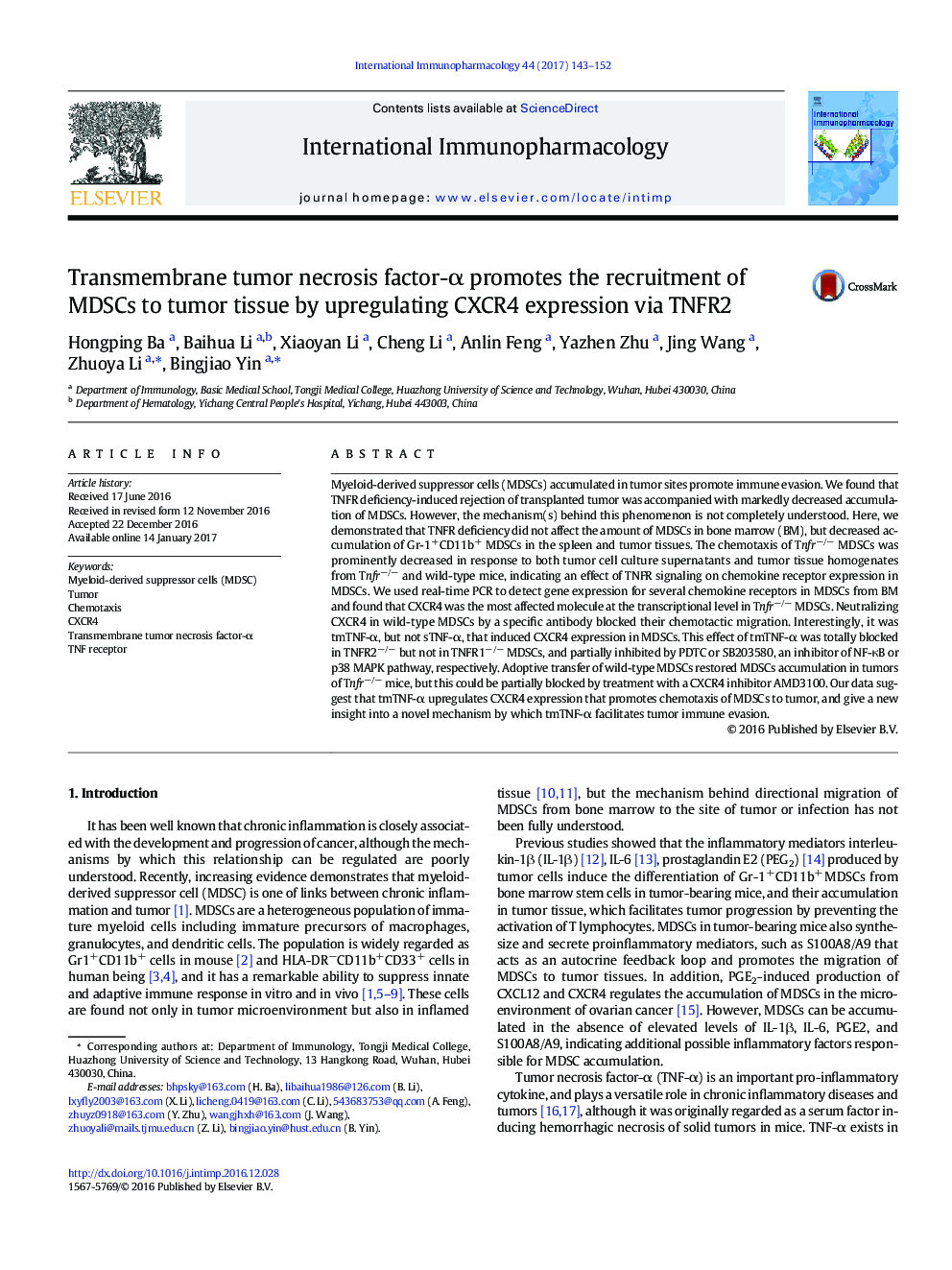 Transmembrane tumor necrosis factor-Î± promotes the recruitment of MDSCs to tumor tissue by upregulating CXCR4 expression via TNFR2