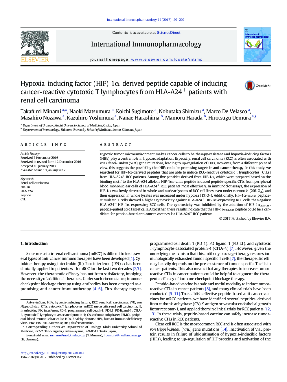 Hypoxia-inducing factor (HIF)-1Î±-derived peptide capable of inducing cancer-reactive cytotoxic T lymphocytes from HLA-A24+ patients with renal cell carcinoma