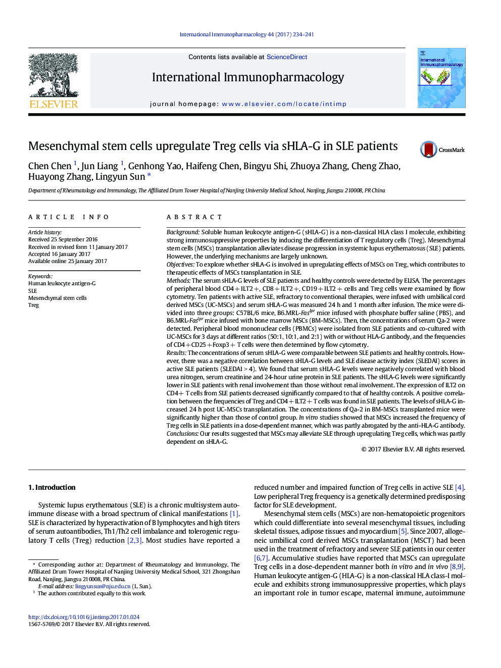 Mesenchymal stem cells upregulate Treg cells via sHLA-G in SLE patients