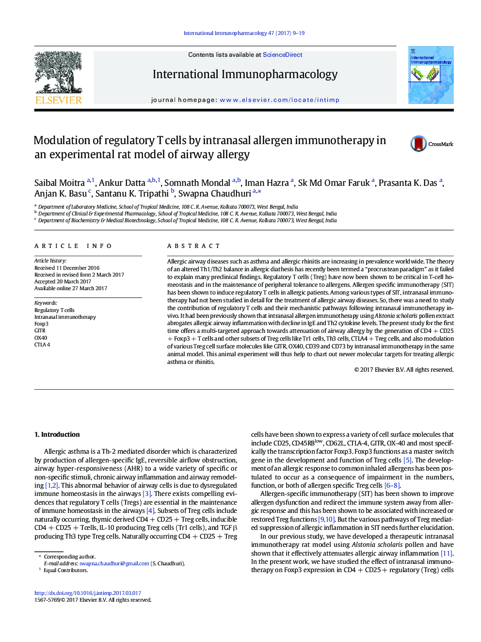 Modulation of regulatory T cells by intranasal allergen immunotherapy in an experimental rat model of airway allergy